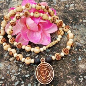 Om Locket Mala With Radha Naam Rosary Beads Material Tulsi Mala Length 20 Inches Neck Round 1 Round Deity Name Shri Radha Carving Name Om, Radha Bead Shape Spherical